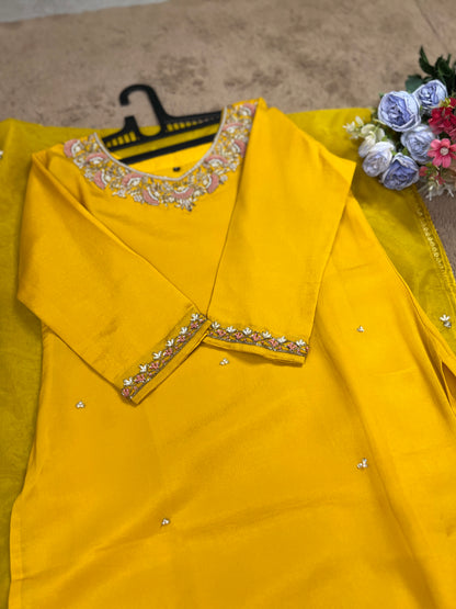 Mustard Yellow Chinnon Handwork Ready to wear Suit