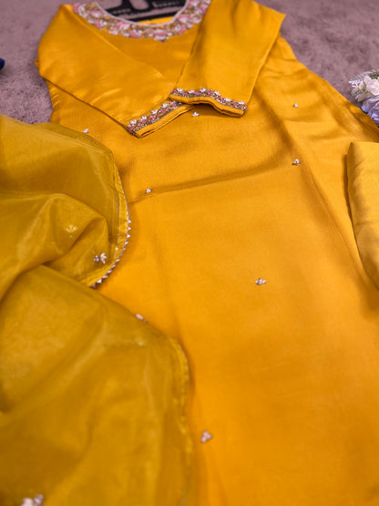 Mustard Yellow Chinnon Handwork Ready to wear Suit