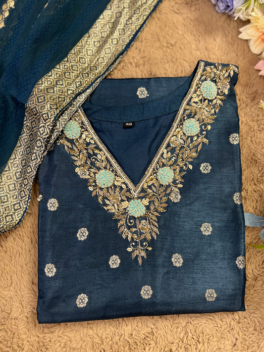 Teal Blue Banarasi Silk Suit with Handwork & Banarasi Dupatta