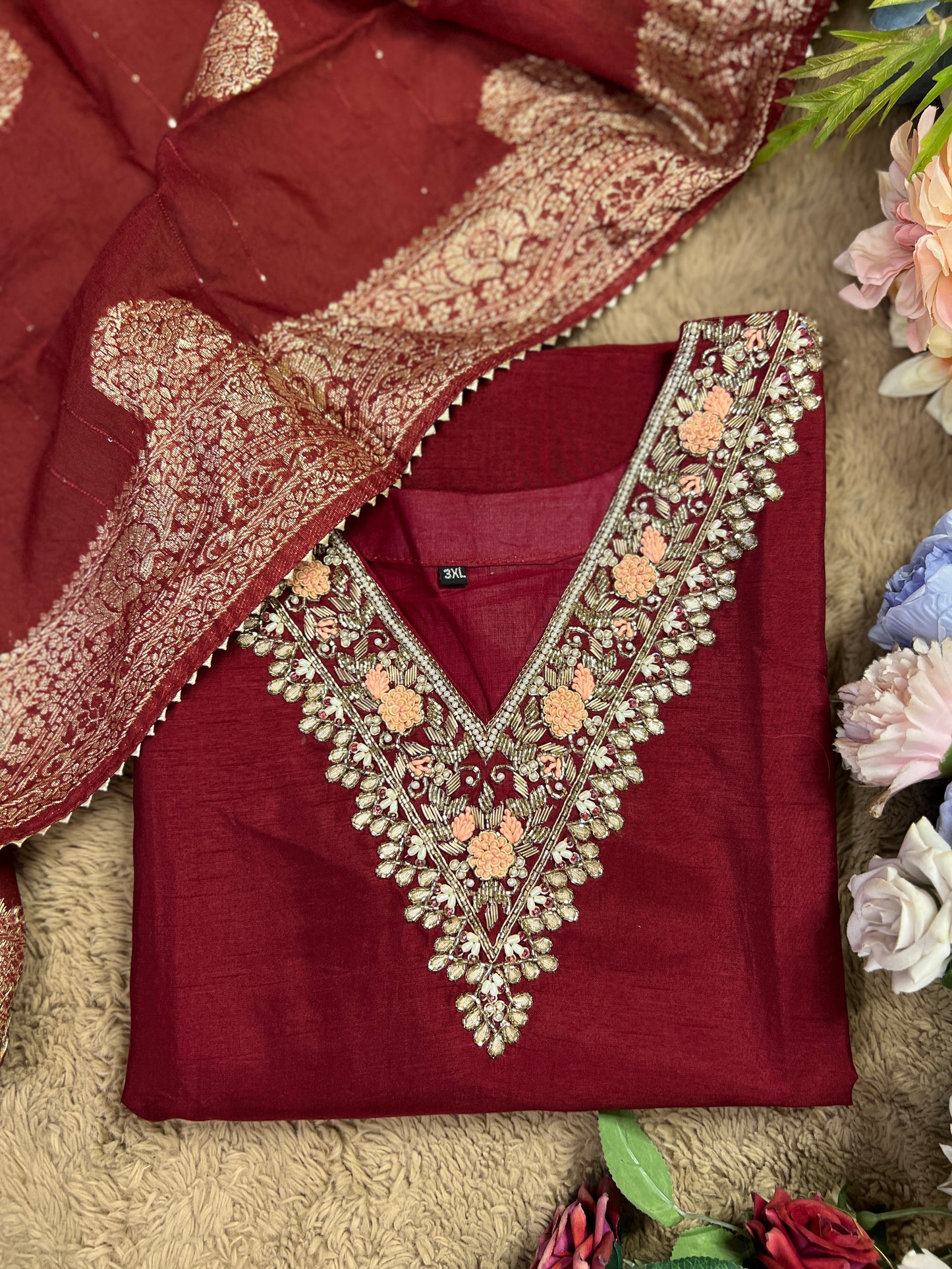 Maroon Dola Silk Suit with Handwork & Banarasi Dupatta