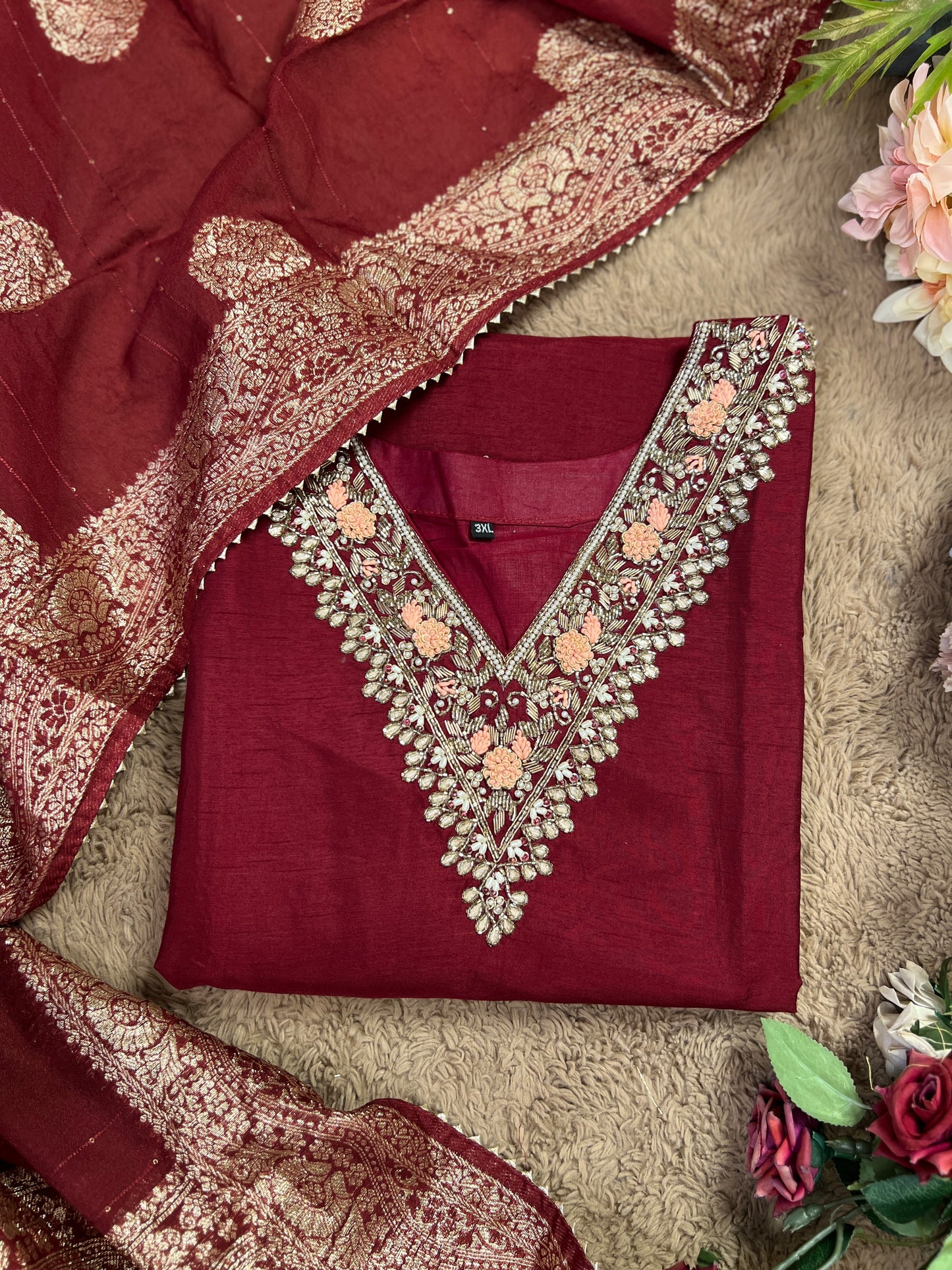 Maroon Dola Silk Suit with Handwork & Banarasi Dupatta
