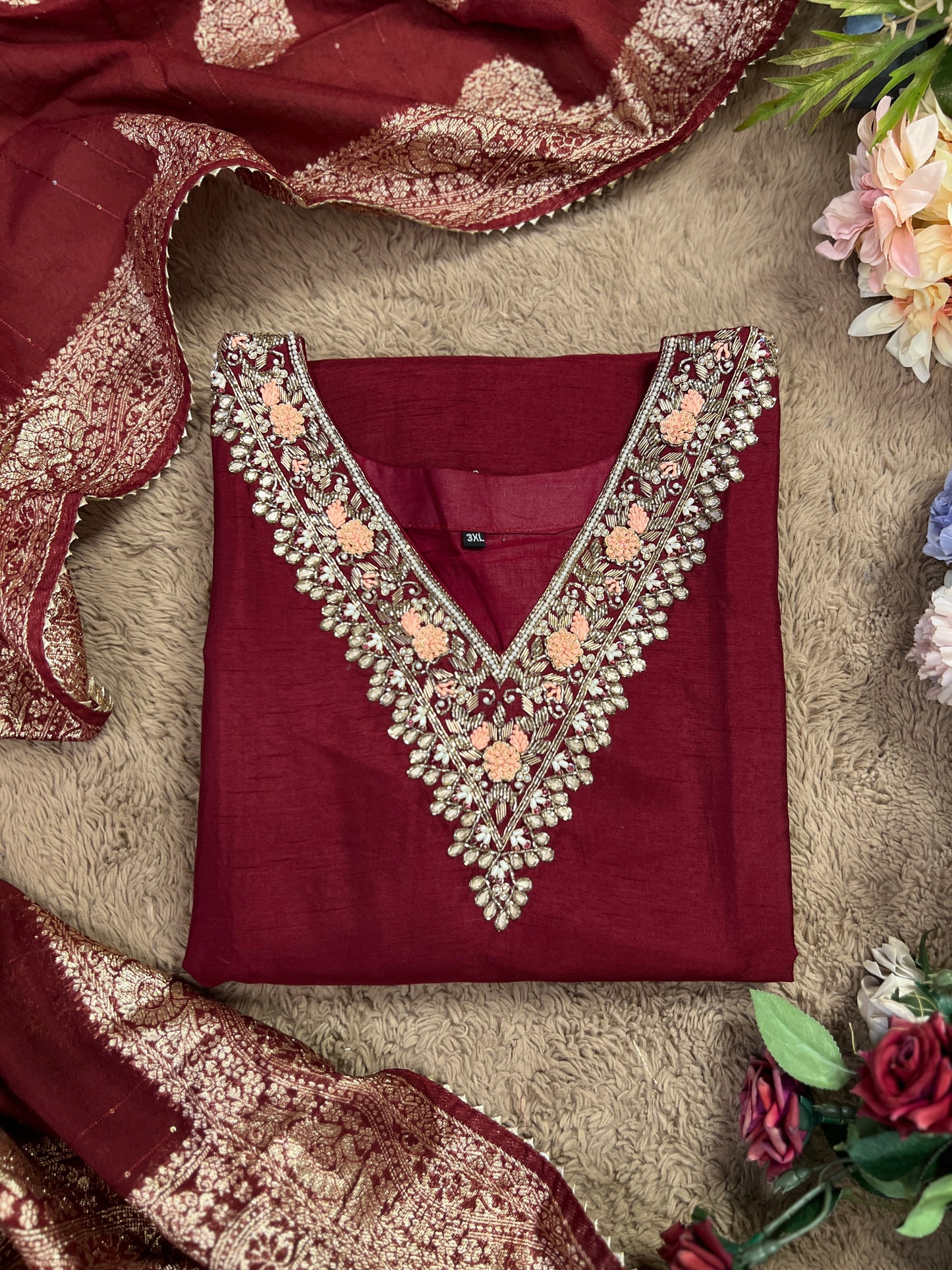 Maroon Dola Silk Suit with Handwork & Banarasi Dupatta