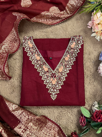 Maroon Dola Silk Suit with Handwork & Banarasi Dupatta