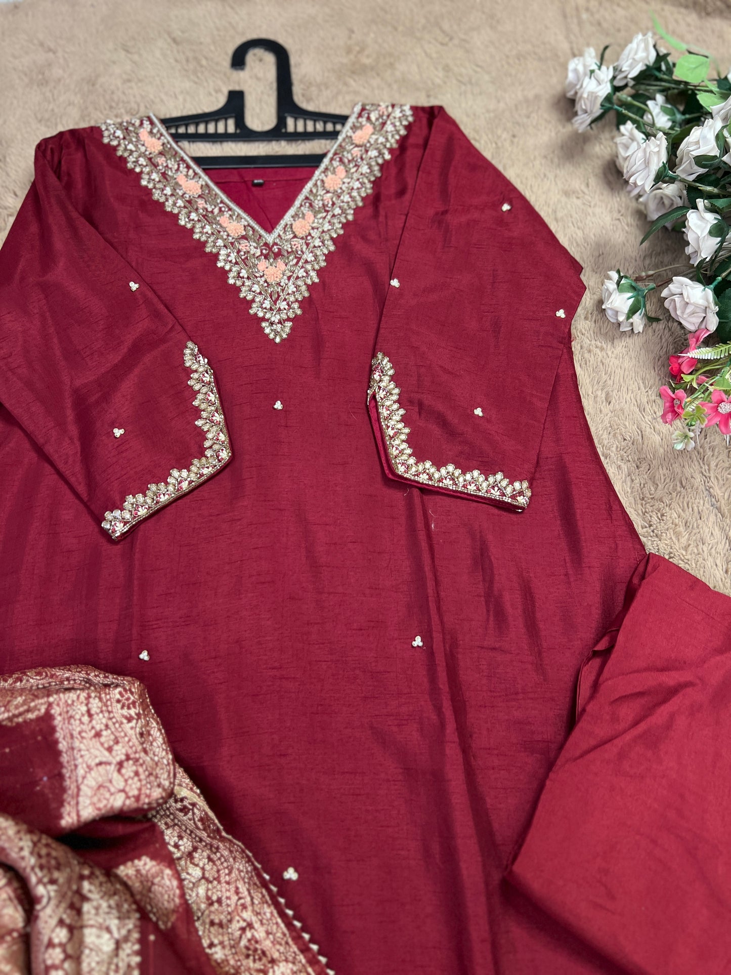 Maroon Dola Silk Suit with Handwork & Banarasi Dupatta