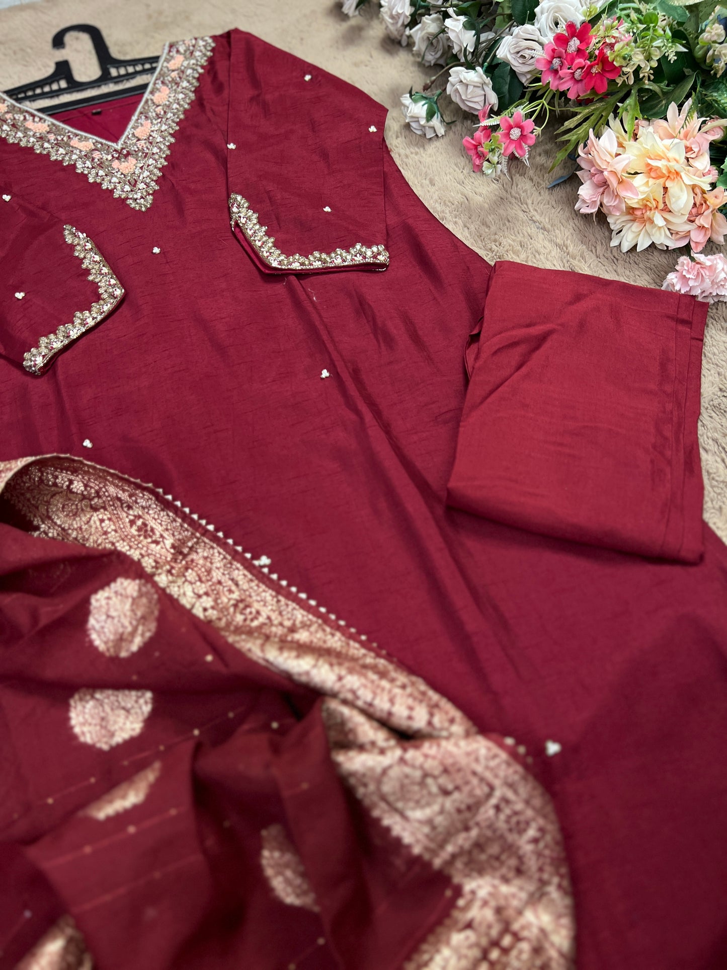 Maroon Dola Silk Suit with Handwork & Banarasi Dupatta