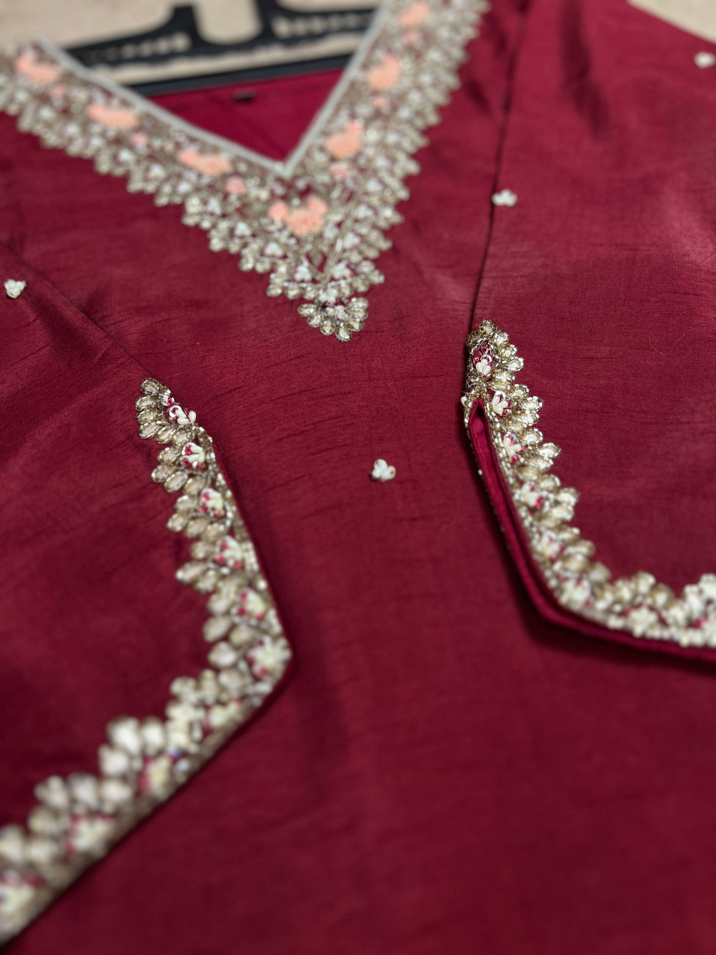 Maroon Dola Silk Suit with Handwork & Banarasi Dupatta