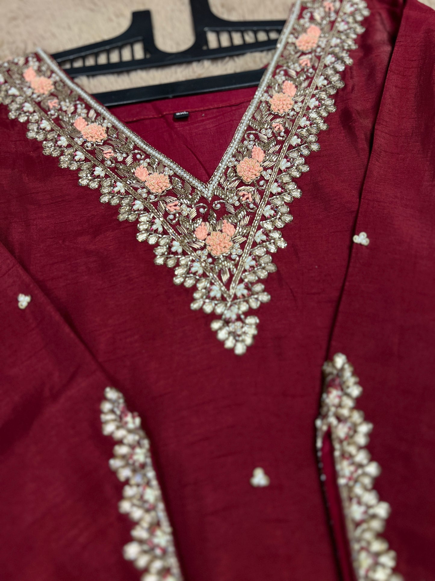 Maroon Dola Silk Suit with Handwork & Banarasi Dupatta