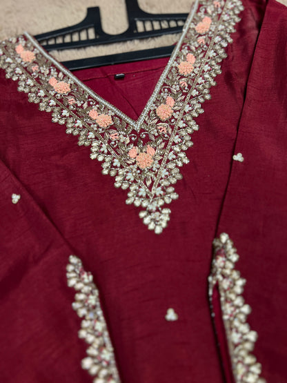 Maroon Dola Silk Suit with Handwork & Banarasi Dupatta