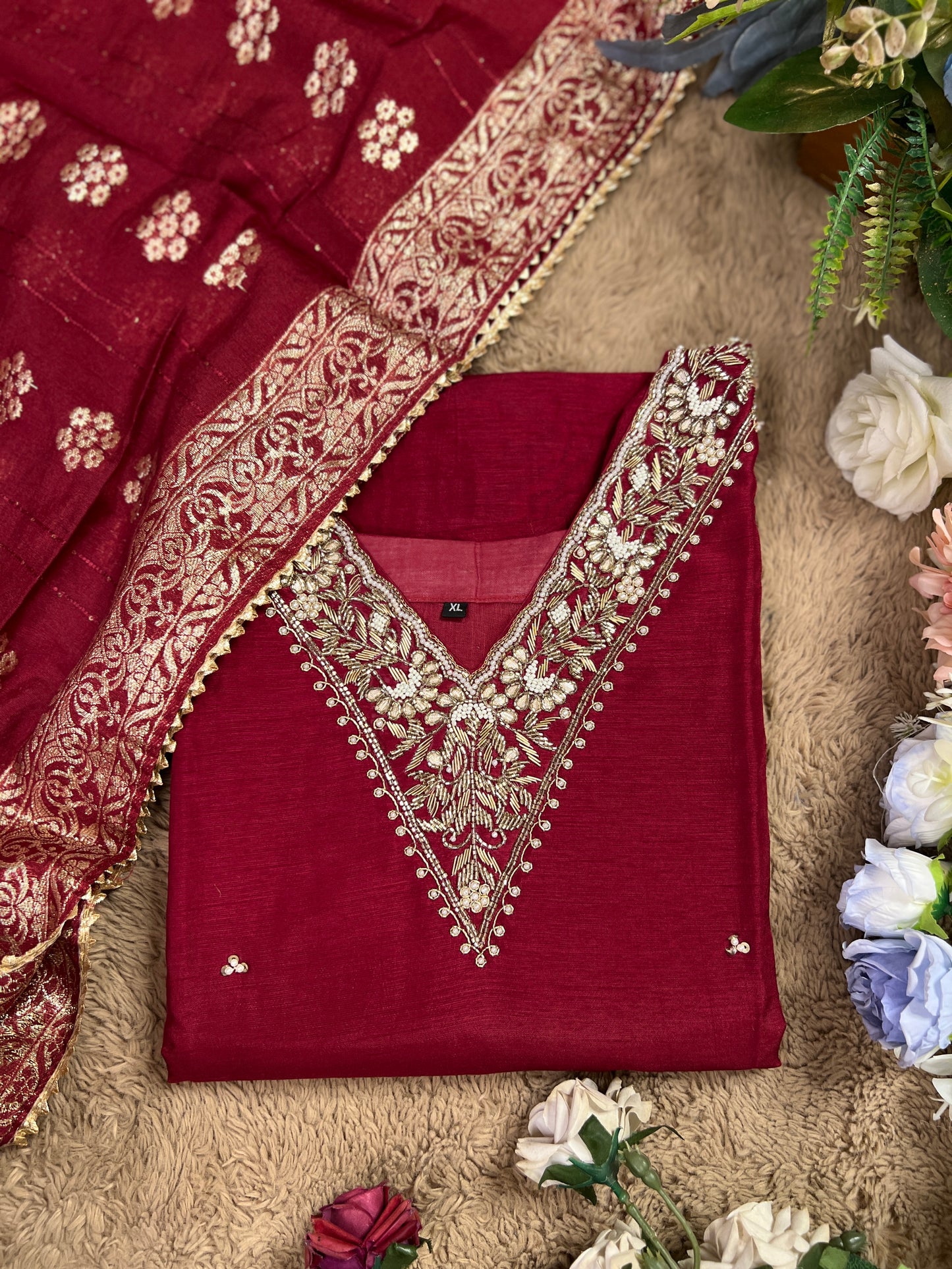 Deep Red Dola Silk Suit with Handwork & Banarasi Dup