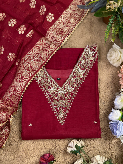 Deep Red Dola Silk Suit with Handwork & Banarasi Dup