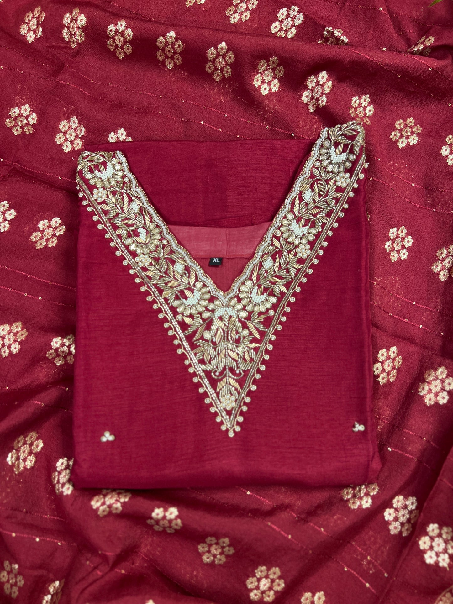 Deep Red Dola Silk Suit with Handwork & Banarasi Dup