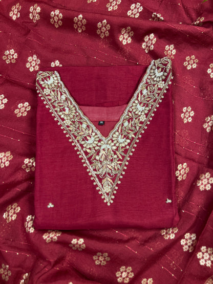 Deep Red Dola Silk Suit with Handwork & Banarasi Dup