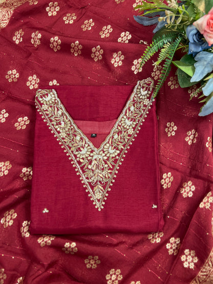 Deep Red Dola Silk Suit with Handwork & Banarasi Dup