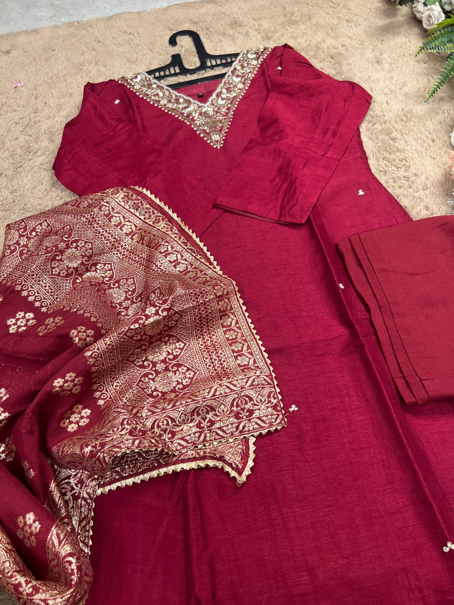 Deep Red Dola Silk Suit with Handwork & Banarasi Dup