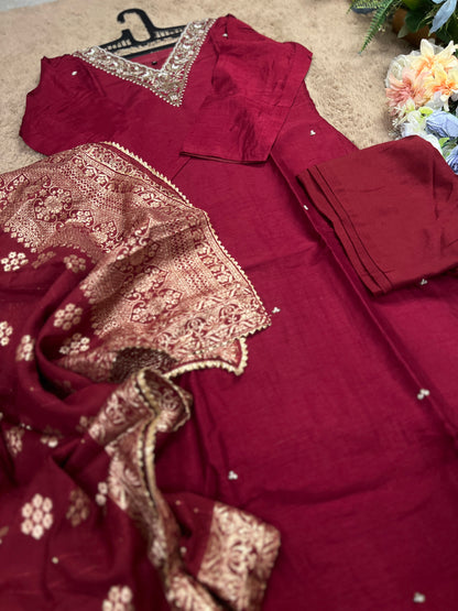 Deep Red Dola Silk Suit with Handwork & Banarasi Dup