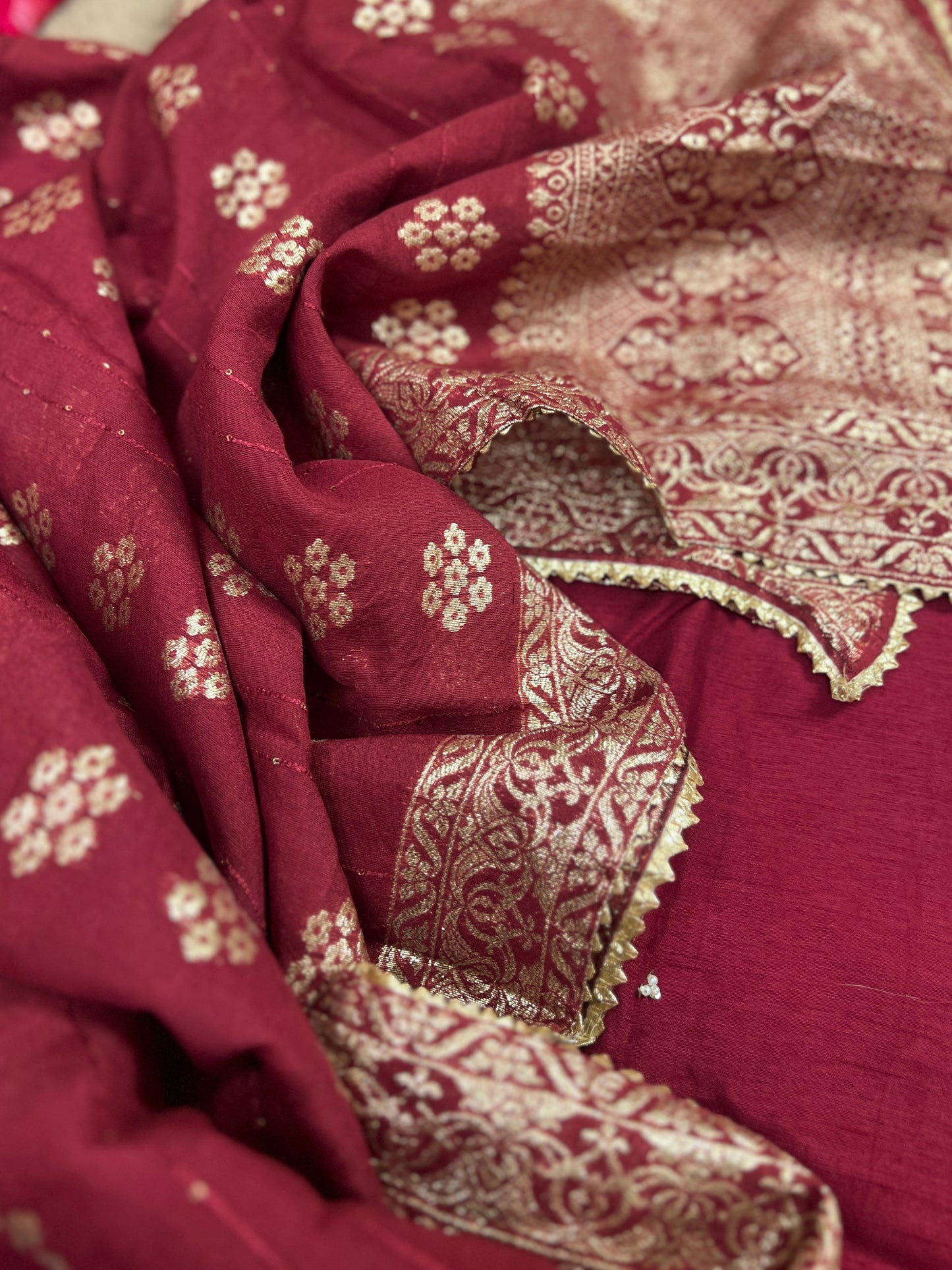 Deep Red Dola Silk Suit with Handwork & Banarasi Dup