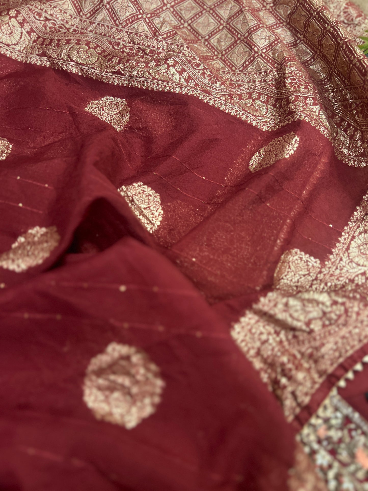 Maroon Dola Silk Suit with Handwork & Tissue Banarasi Dupatta