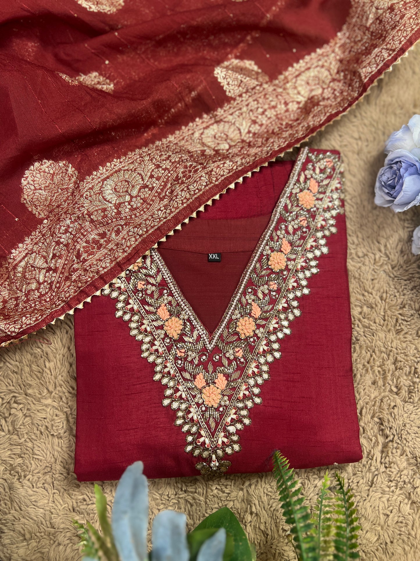 Maroon Dola Silk Suit with Handwork & Tissue Banarasi Dupatta
