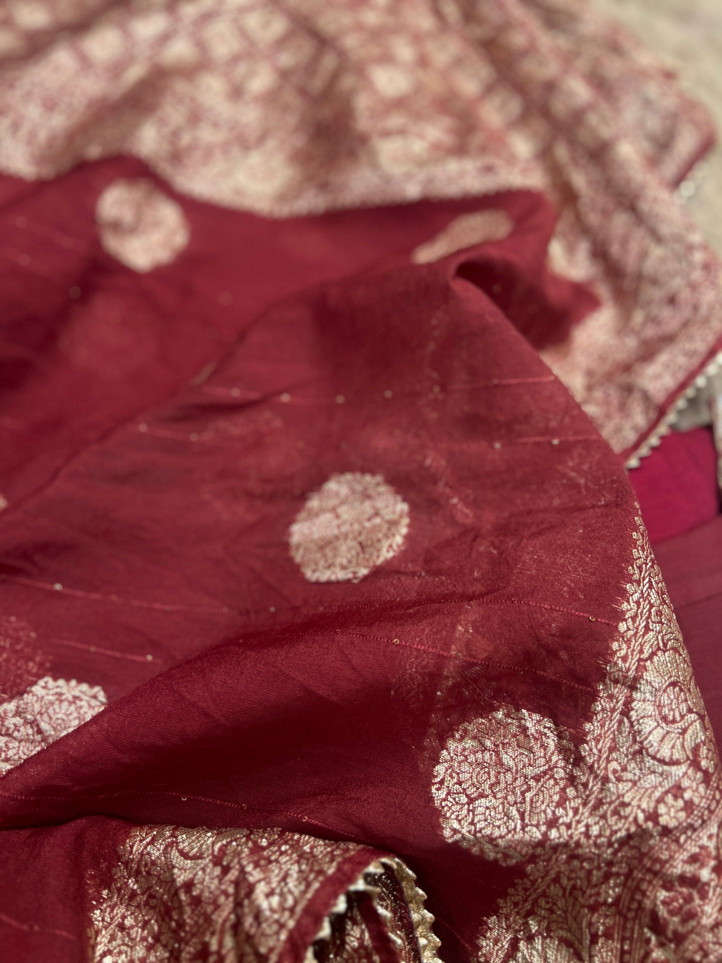 Maroon Dola Silk Suit with Handwork & Tissue Banarasi Dupatta