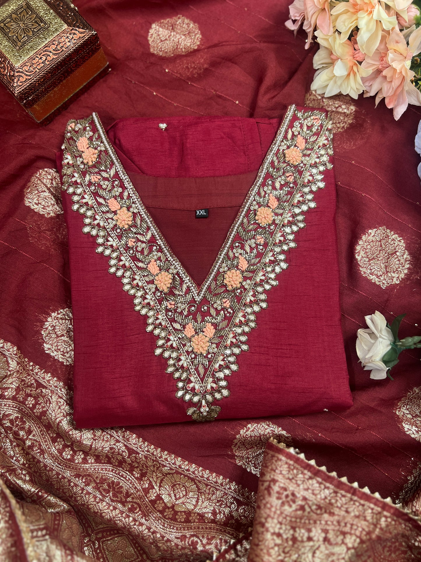 Maroon Dola Silk Suit with Handwork & Tissue Banarasi Dupatta