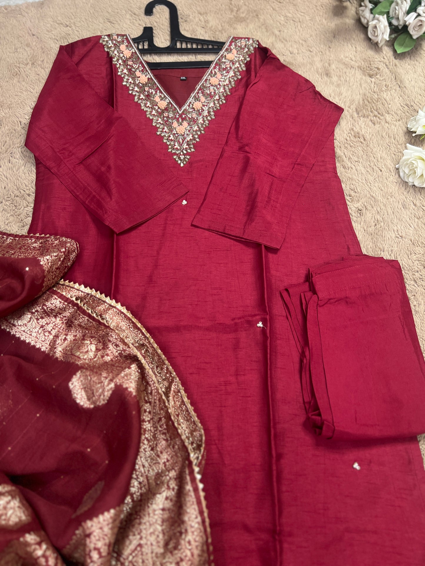 Maroon Dola Silk Suit with Handwork & Tissue Banarasi Dupatta