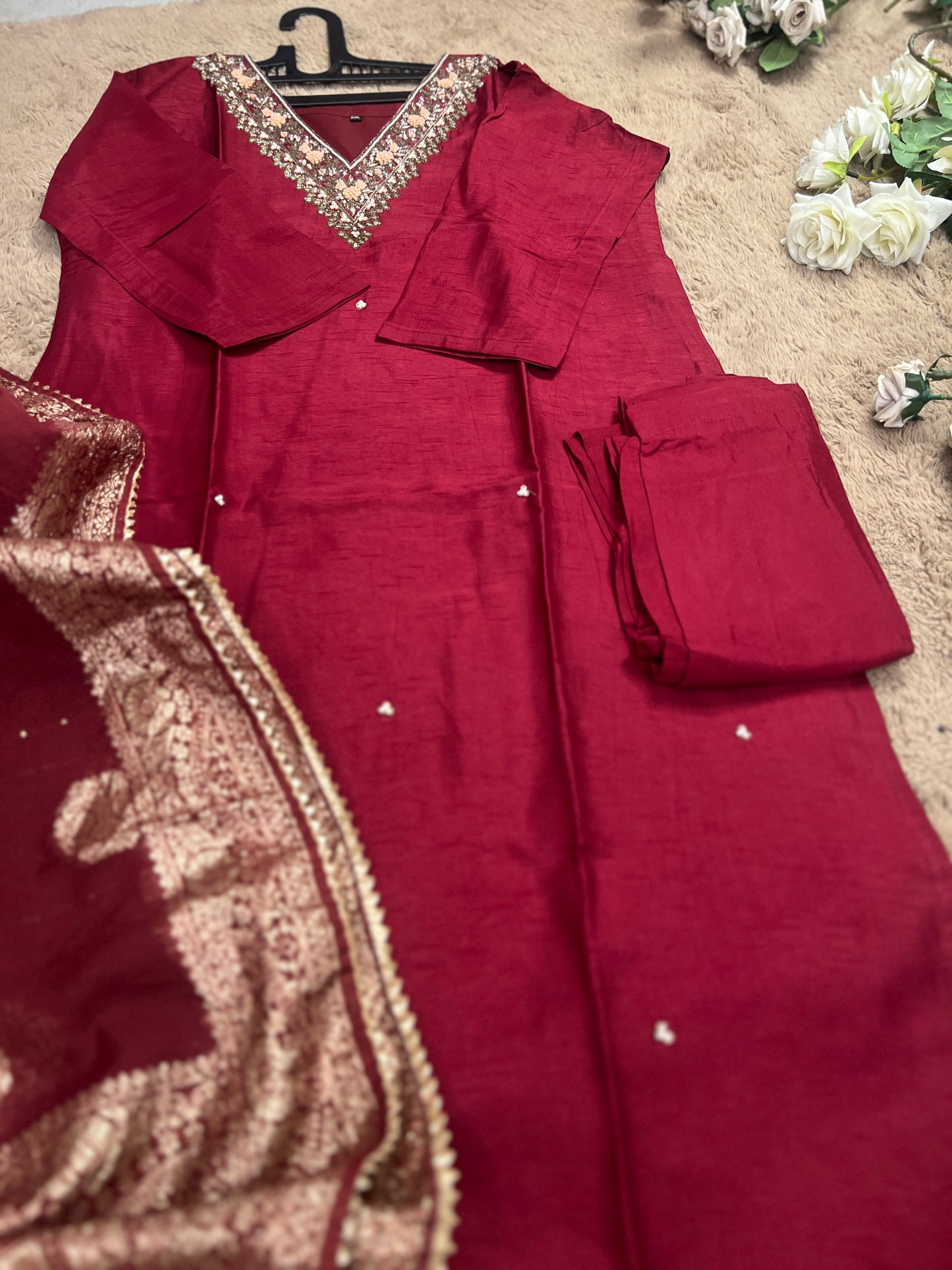 Maroon Dola Silk Suit with Handwork & Tissue Banarasi Dupatta