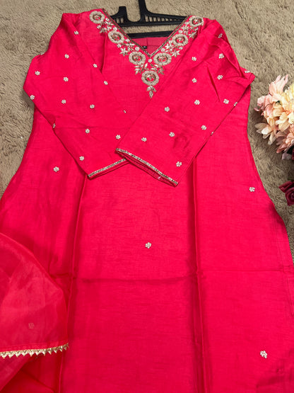 Dark Pink Dola Silk Suit with Handwork Ready to wear Salwar suit