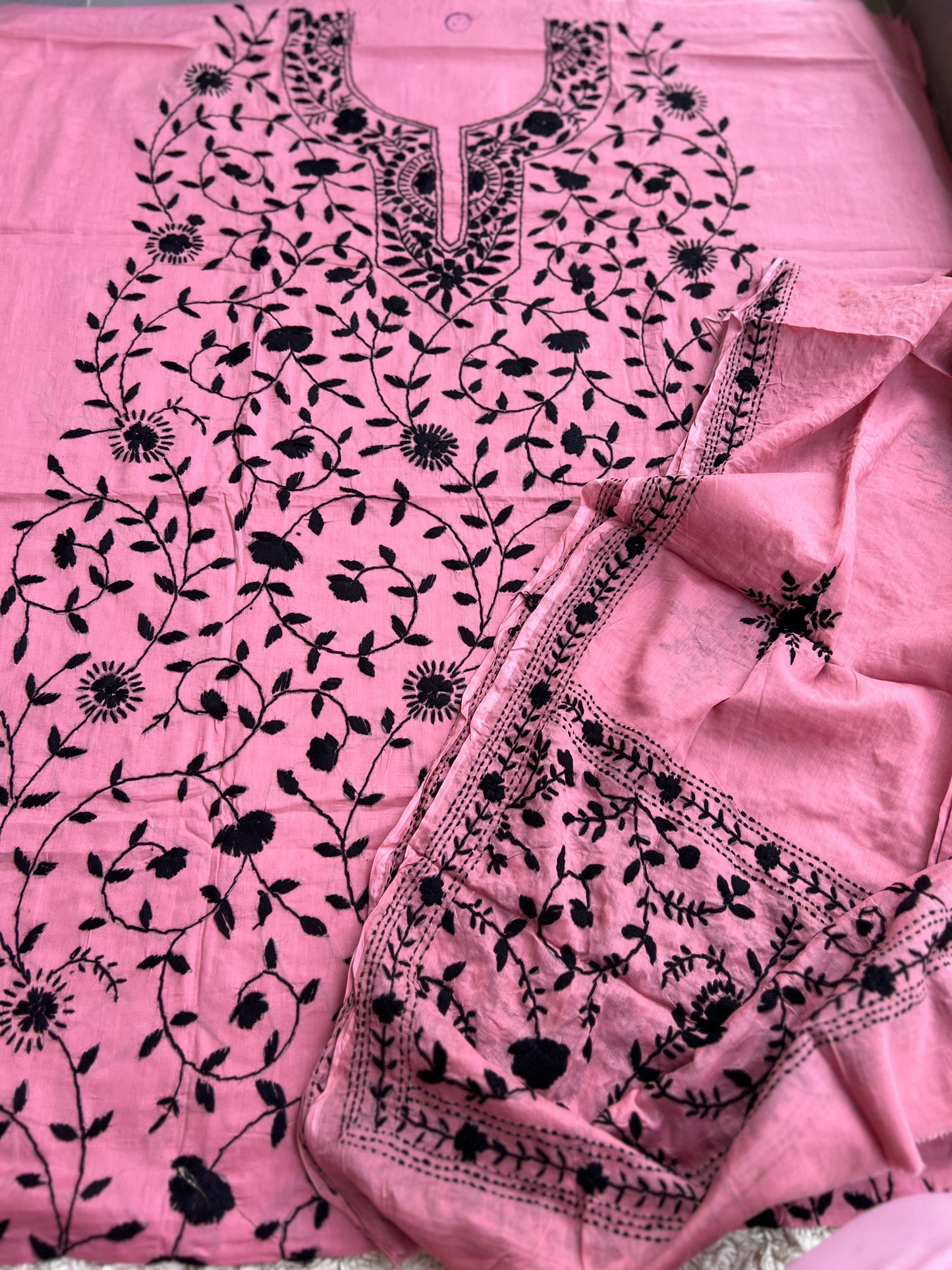 Dusty Pink & Black Pure Cotton Hand-Embroidered Unstitched Dress