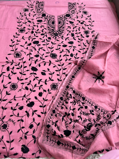 Dusty Pink & Black Pure Cotton Hand-Embroidered Unstitched Dress