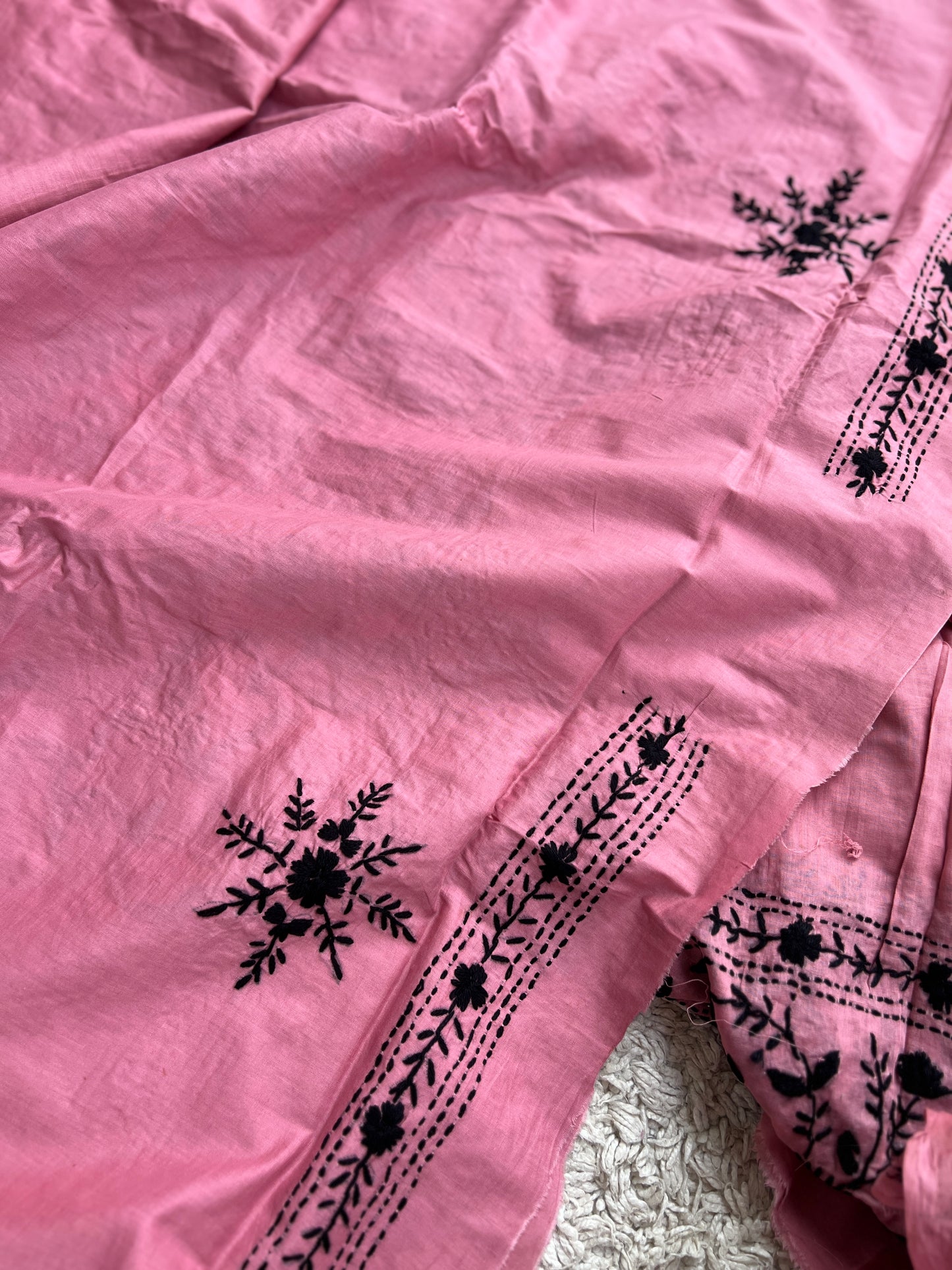 Dusty Pink & Black Pure Cotton Hand-Embroidered Unstitched Dress