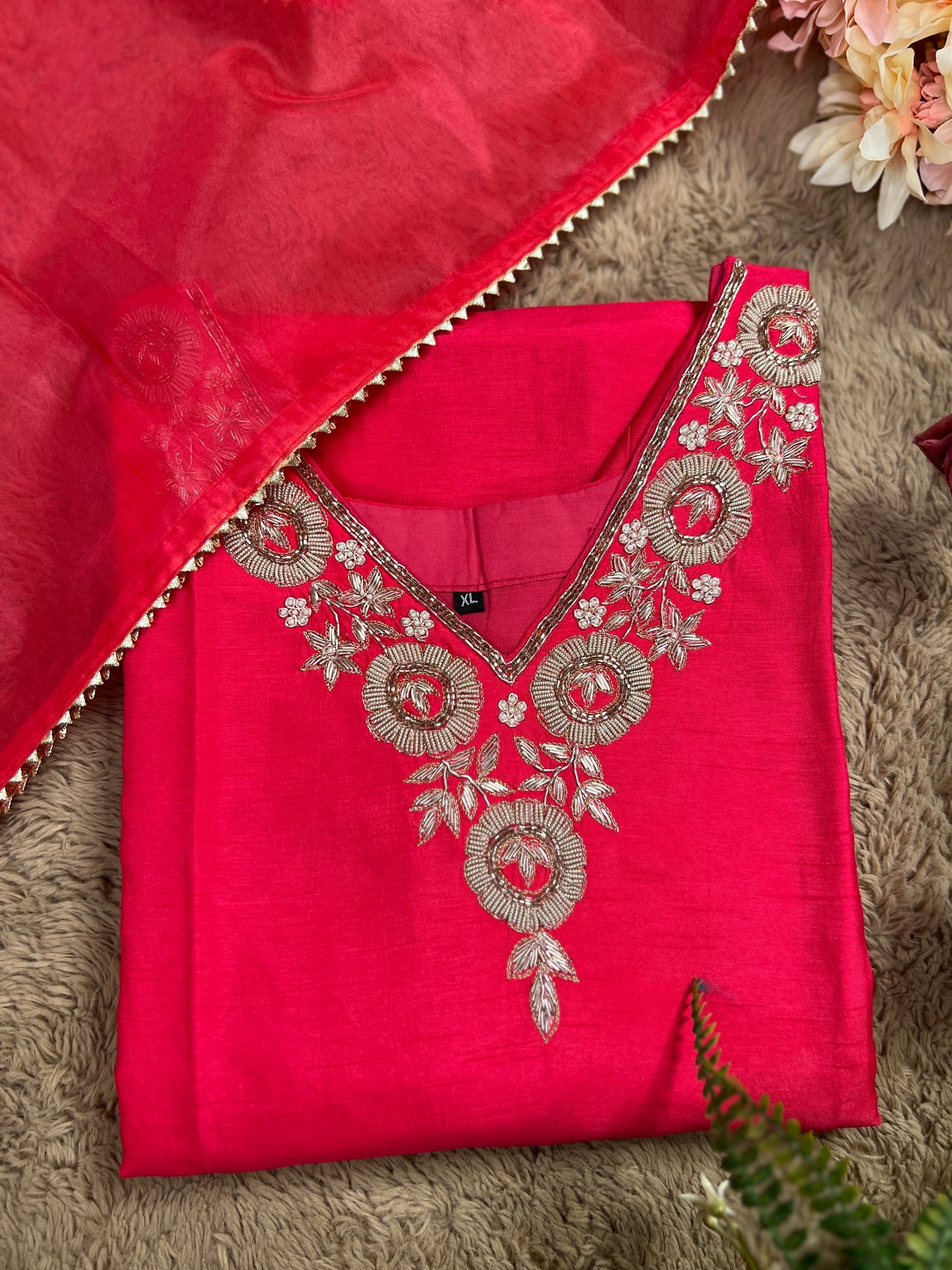 Dark Pink Dola Silk Suit with Handwork Ready to wear Salwar suit