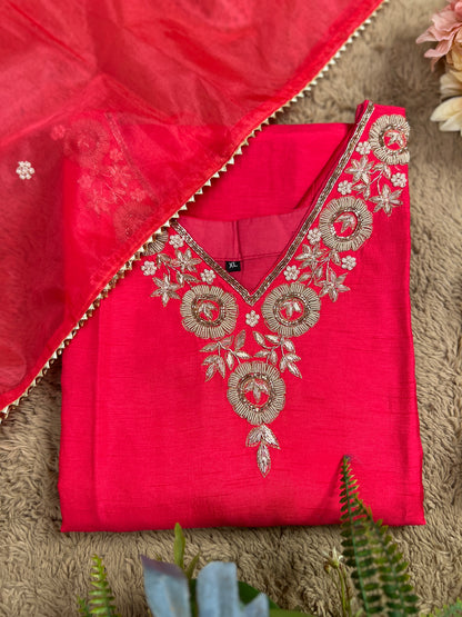 Dark Pink Dola Silk Suit with Handwork Ready to wear Salwar suit
