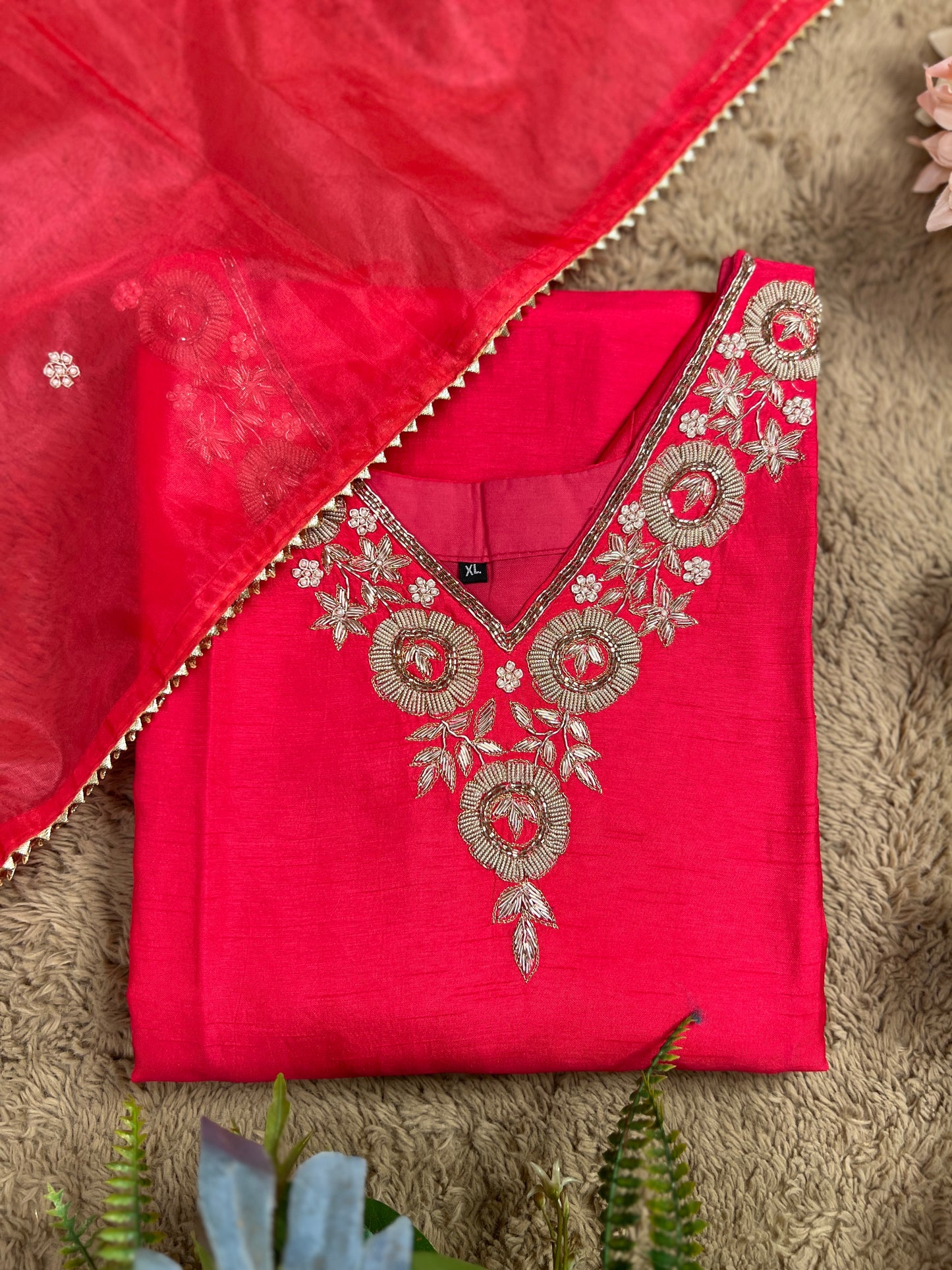 Dark Pink Dola Silk Suit with Handwork Ready to wear Salwar suit