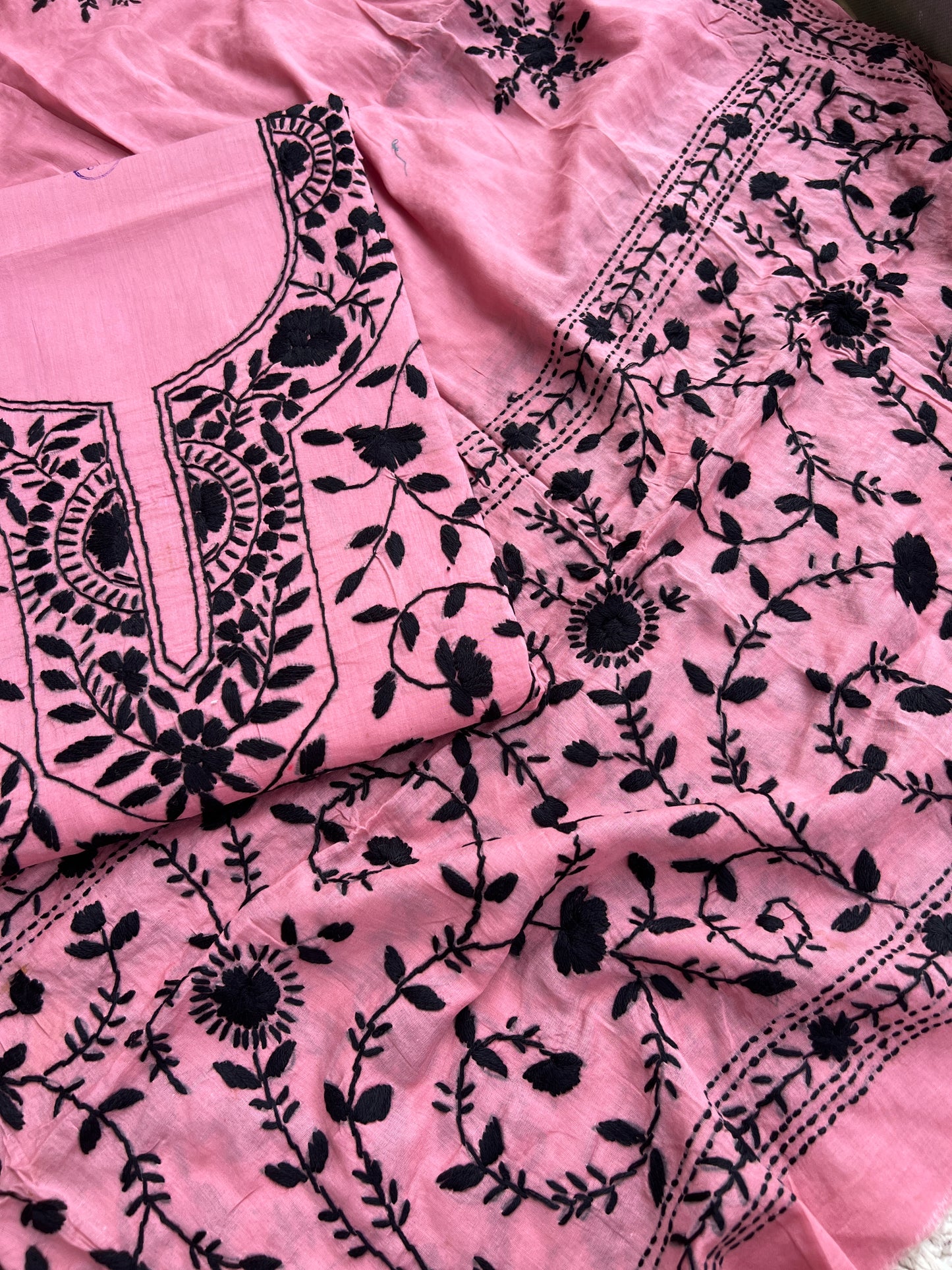 Dusty Pink & Black Pure Cotton Hand-Embroidered Unstitched Dress