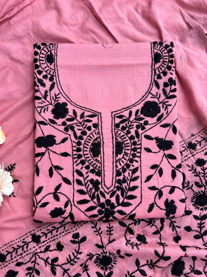 Dusty Pink & Black Pure Cotton Hand-Embroidered Unstitched Dress