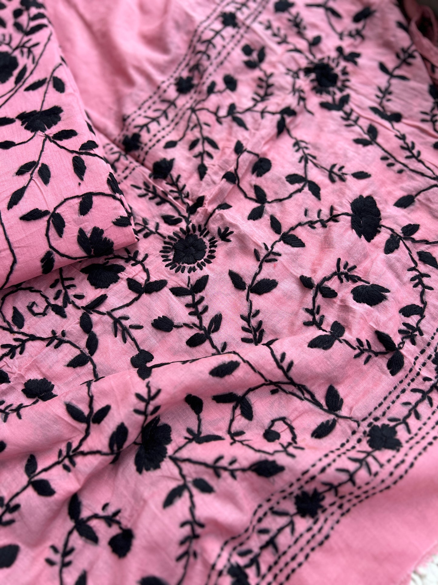 Dusty Pink & Black Pure Cotton Hand-Embroidered Unstitched Dress