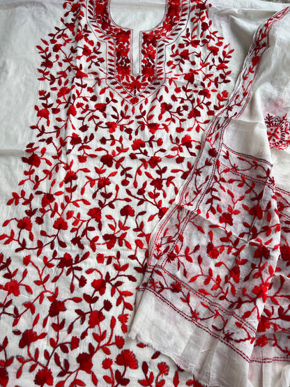 Ivory & Scarlet Red Pure Cotton Hand-Embroidered Unstitched Dress