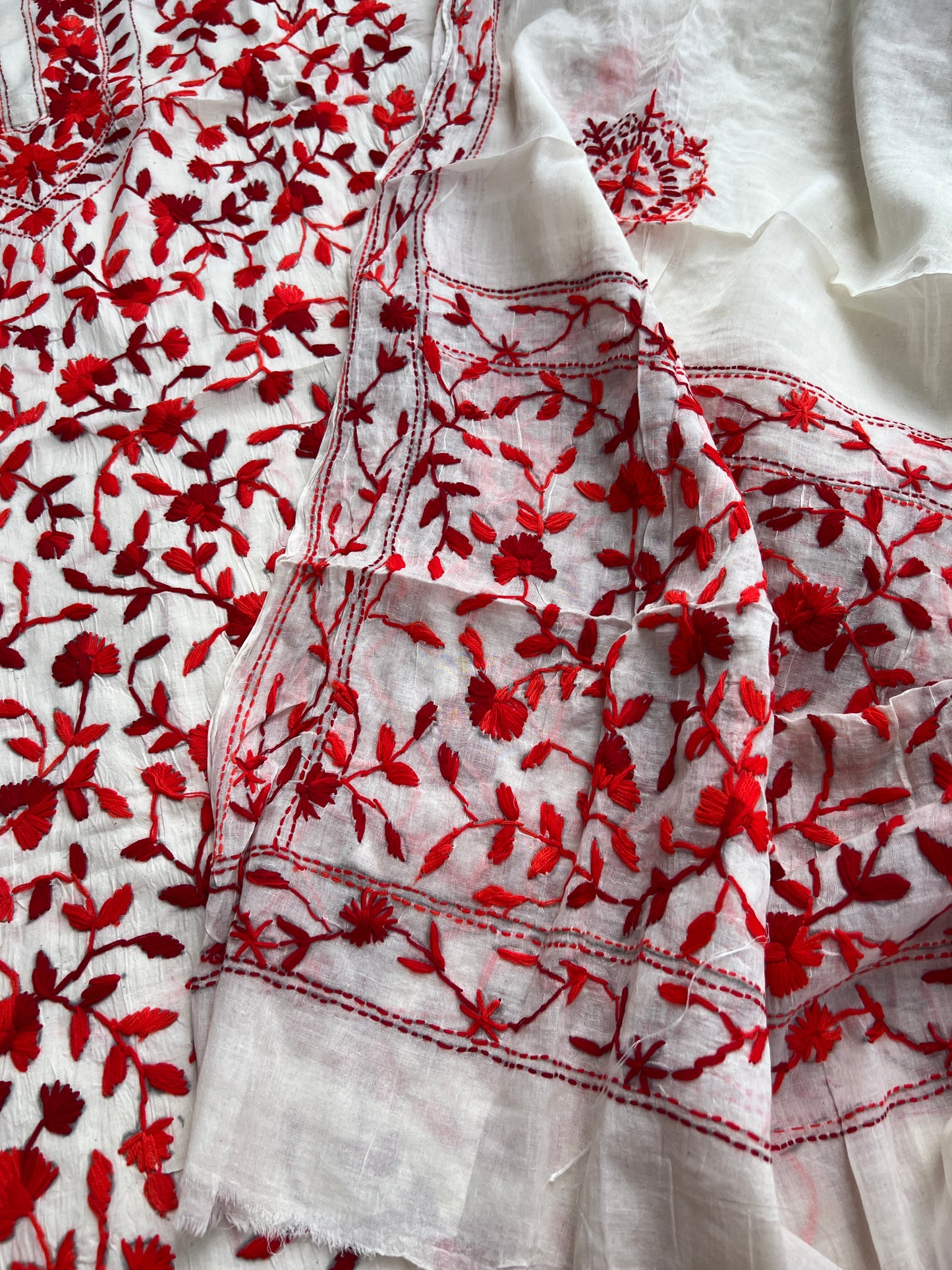 Ivory & Scarlet Red Pure Cotton Hand-Embroidered Unstitched Dress
