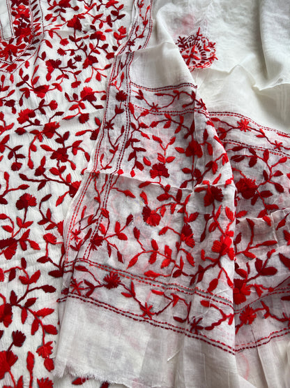 Ivory & Scarlet Red Pure Cotton Hand-Embroidered Unstitched Dress