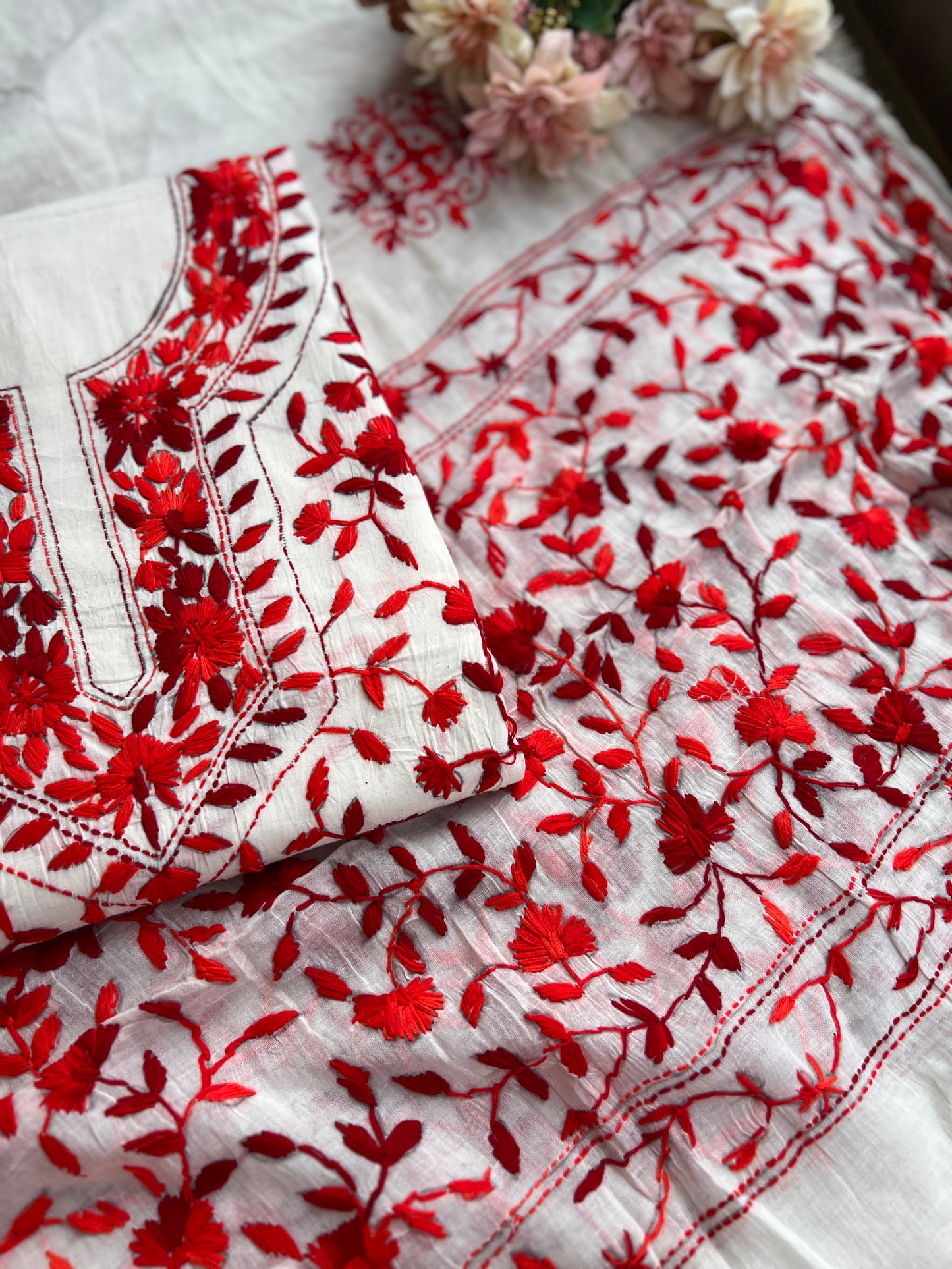 Ivory & Scarlet Red Pure Cotton Hand-Embroidered Unstitched Dress