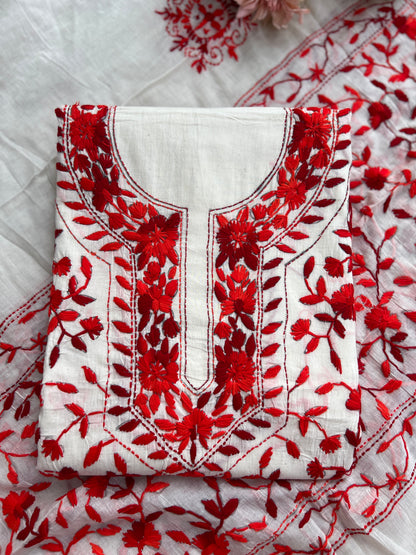 Ivory & Scarlet Red Pure Cotton Hand-Embroidered Unstitched Dress
