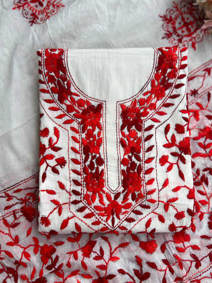 Ivory & Scarlet Red Pure Cotton Hand-Embroidered Unstitched Dress