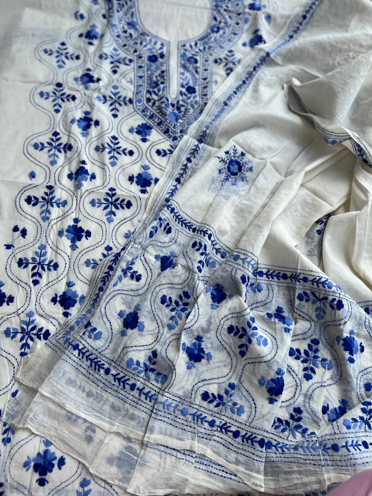 Ivory & Cobalt Blue Pure Cotton Hand-Embroidered Unstitched Dress