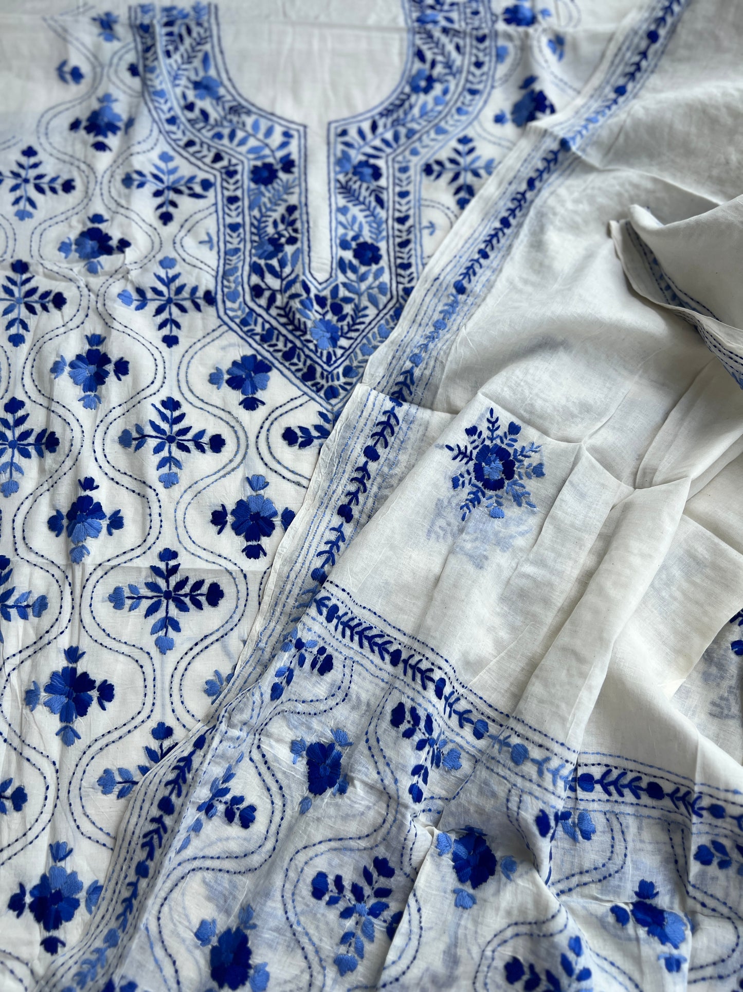 Ivory & Cobalt Blue Pure Cotton Hand-Embroidered Unstitched Dress