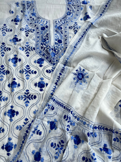Ivory & Cobalt Blue Pure Cotton Hand-Embroidered Unstitched Dress