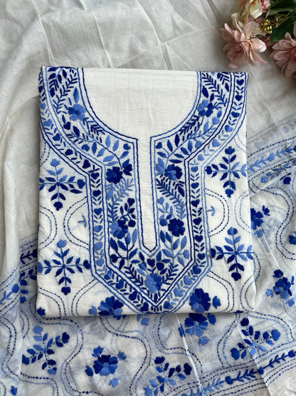 Ivory & Cobalt Blue Pure Cotton Hand-Embroidered Unstitched Dress