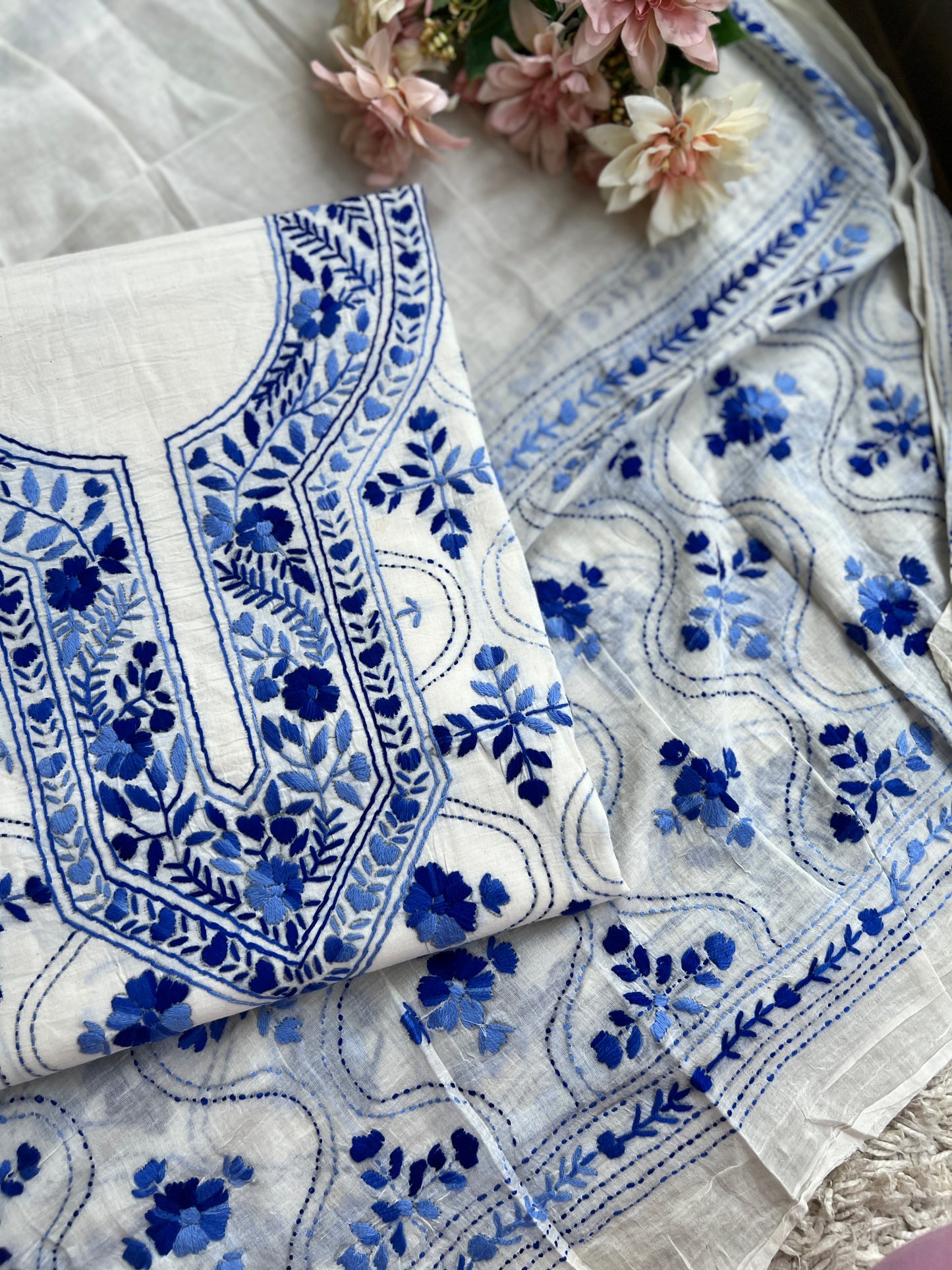 Ivory & Cobalt Blue Pure Cotton Hand-Embroidered Unstitched Dress