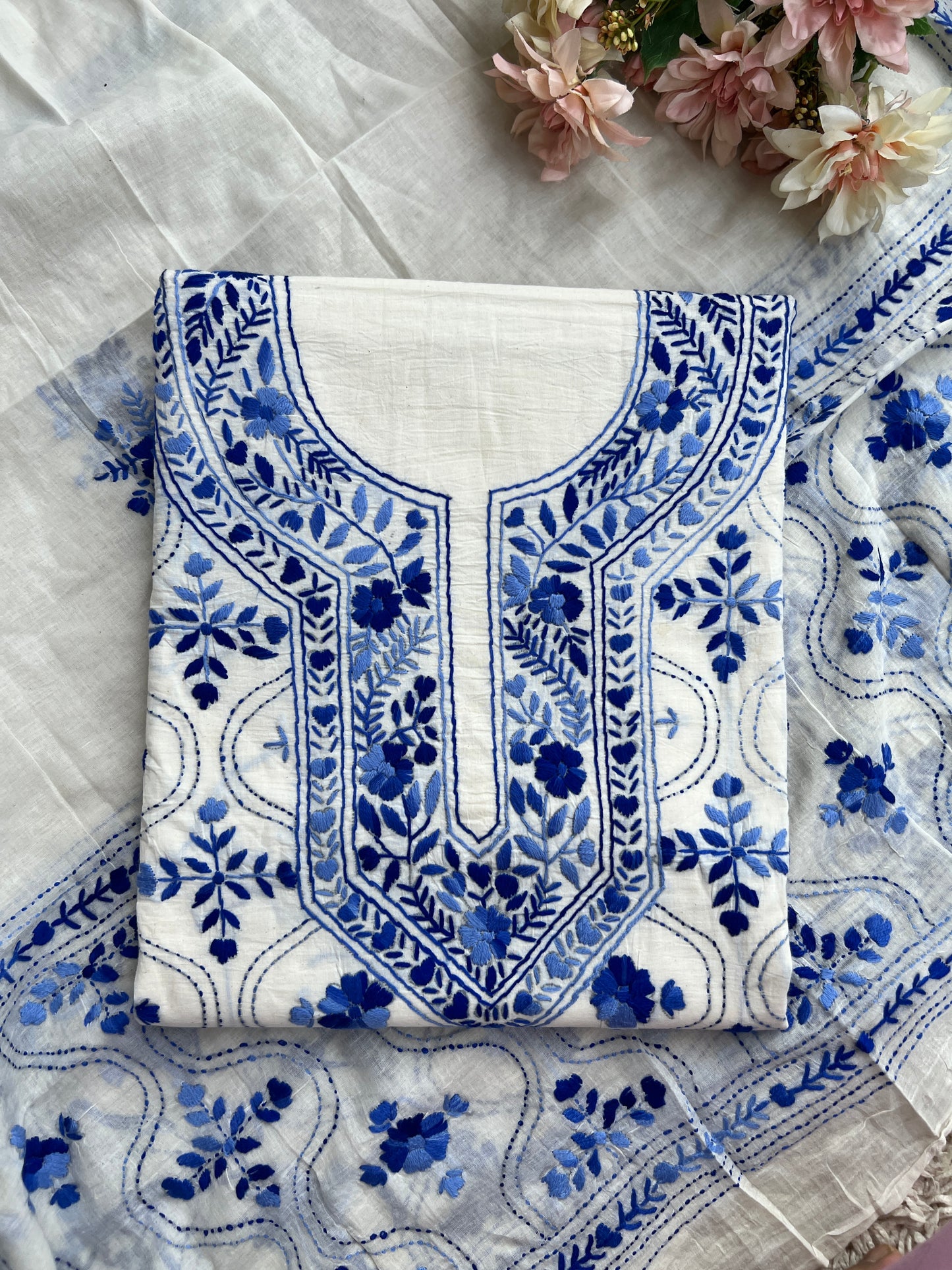 Ivory & Cobalt Blue Pure Cotton Hand-Embroidered Unstitched Dress