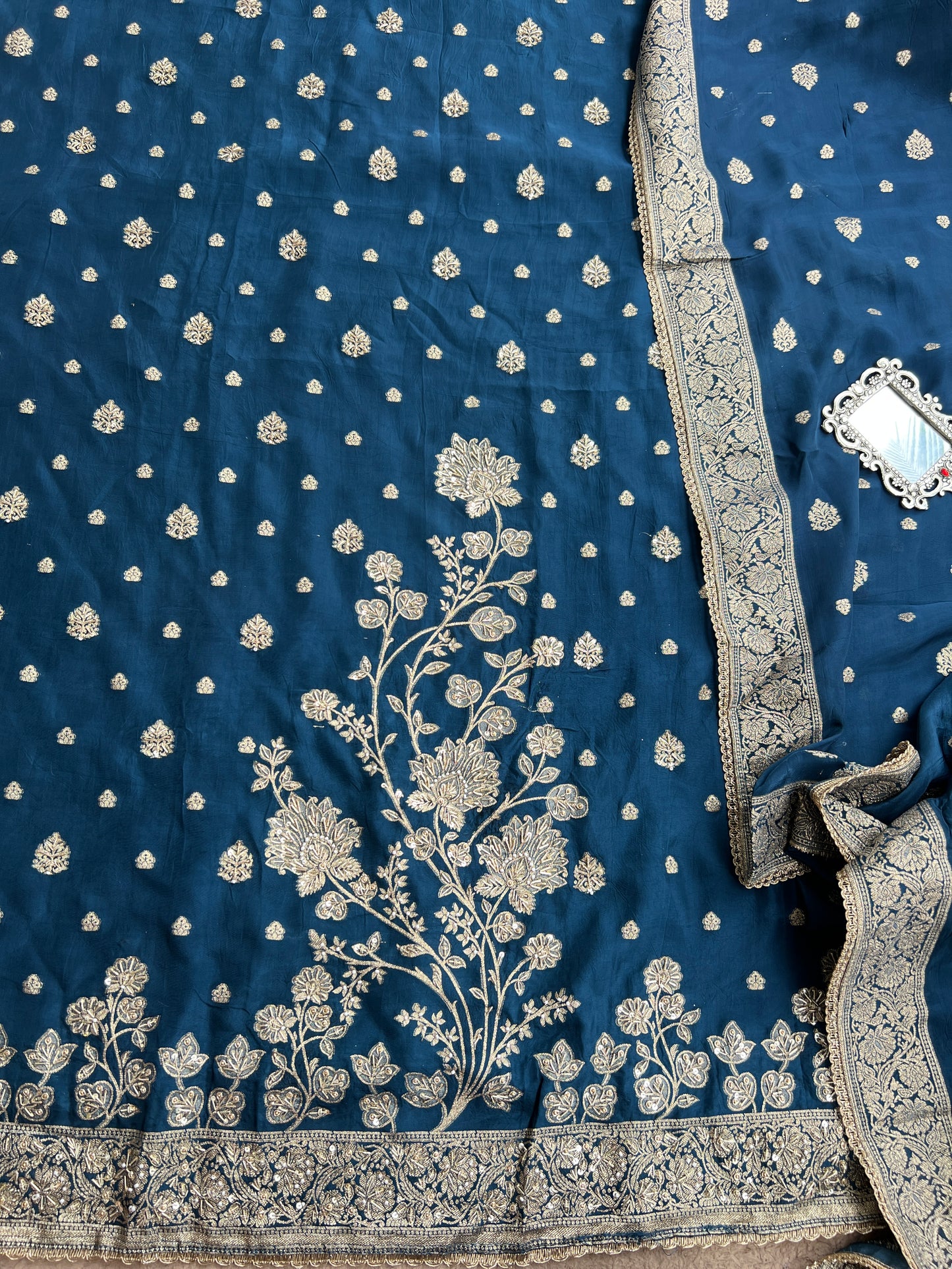 Banarasi woven Floral Silk Suit with Embroidered Detailing & Silk Dupatta