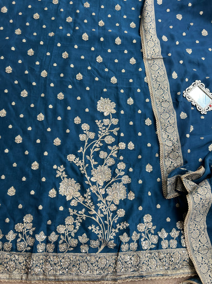 Banarasi woven Floral Silk Suit with Embroidered Detailing & Silk Dupatta